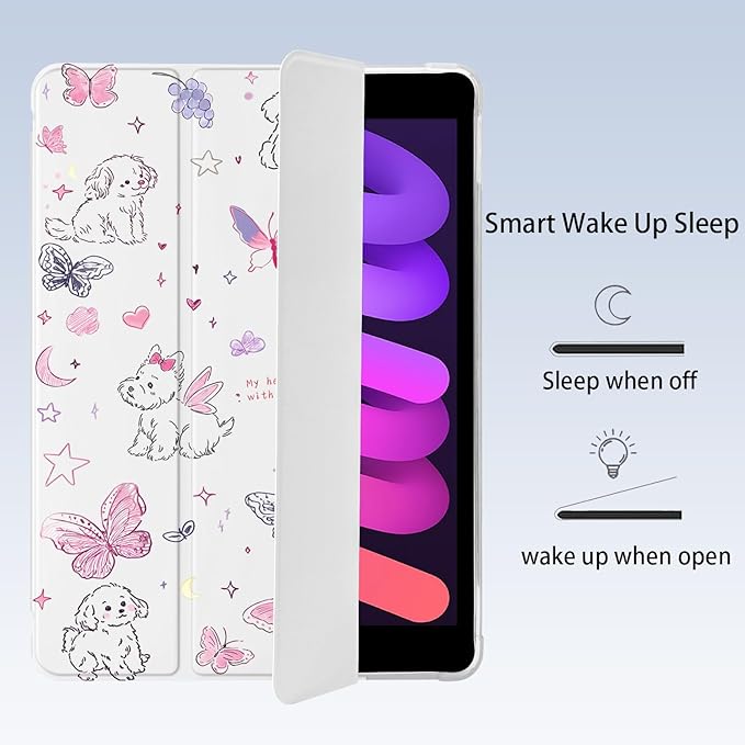 Cute Kawaii Puppy Butterfly for iPad mini 7 A17 Pro 2024/iPad Mini 6 Case with Pencil Holder Auto Sleep/Wake White Leather Soft TPU Back Cover