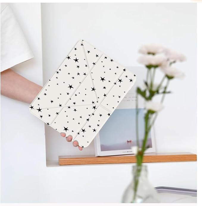 Cute Black Stars for iPad 7th/8th/9th Generation Case 10.2 Inch 2019/2020/2021 with Pencil Holder Auto Sleep/Wake White Leather Acrylic Back Detachable Cover
