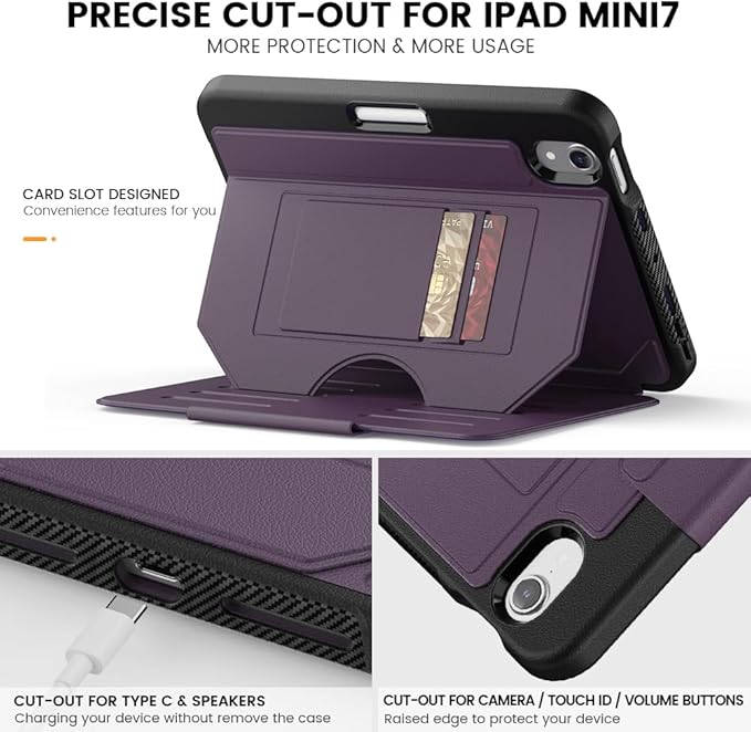 Case for iPad mini 7 (A17 Pro) 2024/ Mini 6 2021 8.3 Inch: Shockproof Rugged Protective Cover with Pencil Holder Auto Wake/Sleep Magnetic Multi-Angles Stand Card Slot Purple