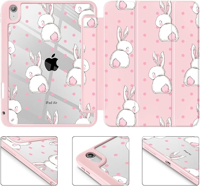 May Chen for iPad Air 11-inch M4/M3/M2 (2026/2025/2024) iPad Air 5th/4th 10.9 Inch - Shockproof Cover with Clear Back Shell &amp Penceil Holder Auto Wake/Sleep Stand Cover Cute Rabbit