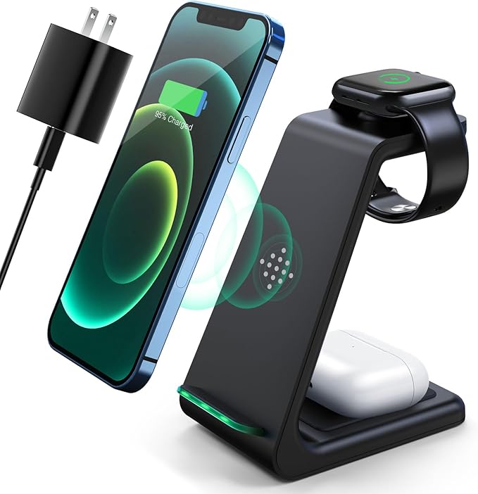 3 in 1 Wireless Charging Station 2026 Upgraded Fast Desk Charger Station for iPhone 17 16 15 14 13 12 Pro Max Plus Charger Stand for Apple Watch 10 9 8 7 6 5 4 3 2 SE Airpods 4 3 2 Pro(Black)