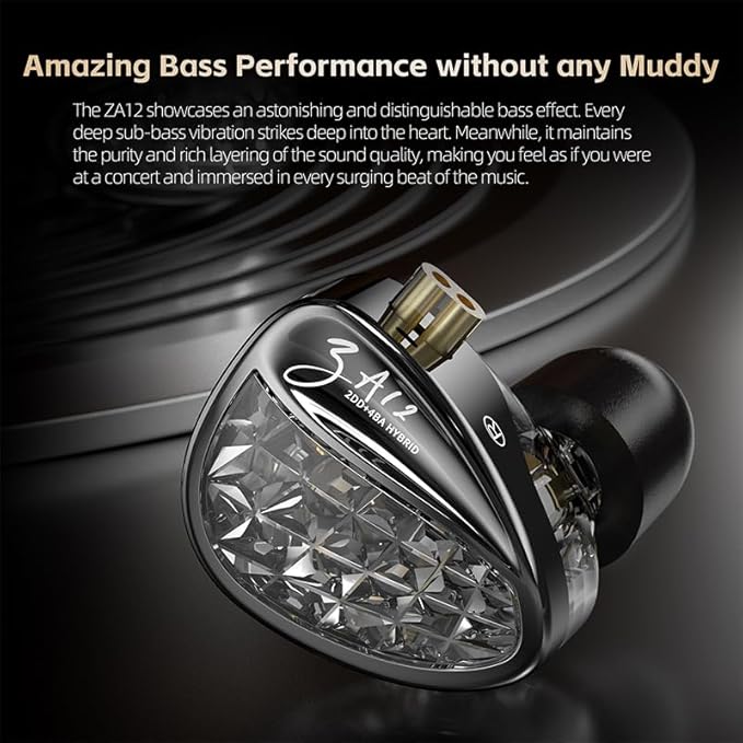 KZ ZA12 in Ear Monitor 2DD+4BA Hybrid Wired Earbuds KZ in Ear Monitor Gaming EarbudsSilver-Plated IEM Cable for Audiophile (No Microphone Matte Black)