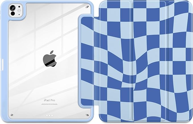 TWOLSKOO Case for iPad Pro 11-inch (M5 2025 / M4 2024) Clear Acrylic Back with TPU Bumper Pencil Holder Trifold Stand Auto Sleep/Wake Blue Wavy Checker