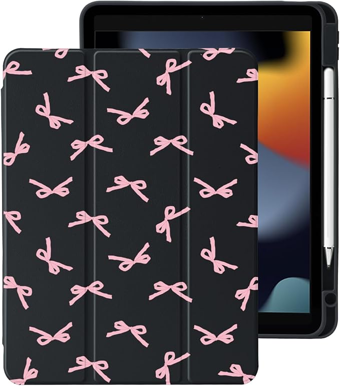 Cute Kawaii Pink Bow for iPad Air 11 Inch Case 7th/6th Generation (M3/M2) 2025/2024 with Pencil Holder Auto Sleep/Wake Black Leather Clear Acrylic Back Cover