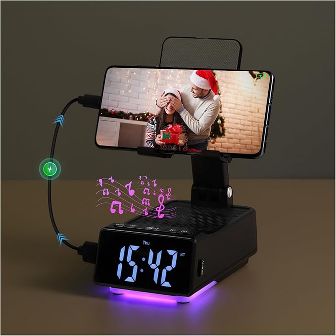 Father's Day Gifts for Dad Birthday Gifts for Men 7 in 1 Phone Stand Bluetooth Speaker with Alarm Clock Wireless Charger Light USB Playback &amp Hands-Free Calling