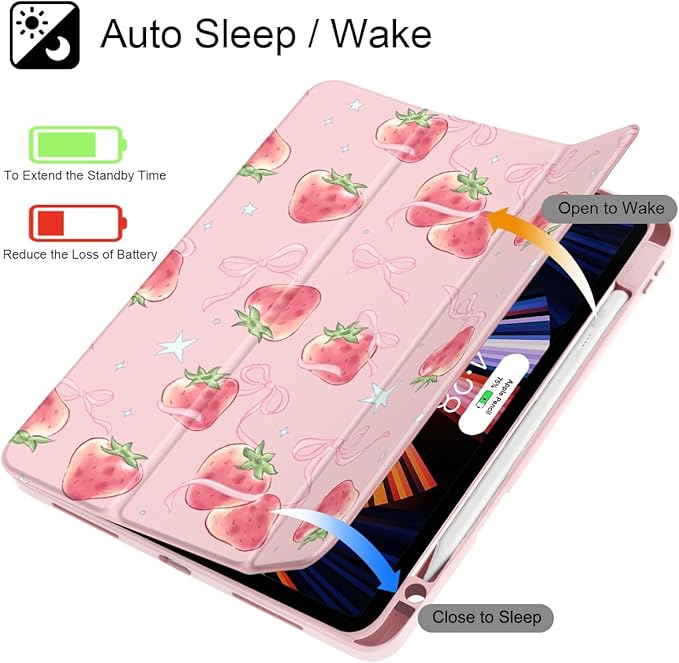 May Chen for iPad Pro 11 inch M2 4th Generation 2022 iPad Pro 11 3rd/2nd/1st Gen Case with Transparent Shockproof Back Cover [Built-in Pencil Holder Auto Sleep/Wake Bow Strawberry
