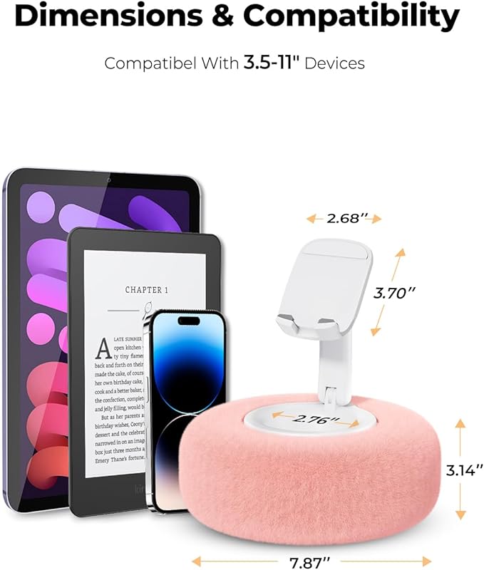 Phone Stand with Pillow Adjustable iPhone Stand with Anti-Slip Strips Fuzzy Tablet Holder– Compatible with 4-7 Devices Including iPhone iPad Kindle and Android (Pink)