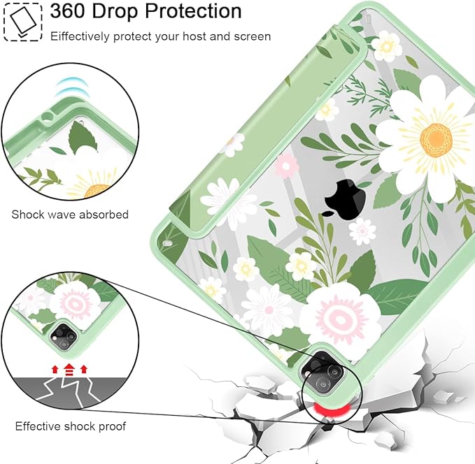 Tuiklol for iPad Pro 11 Inch Case M2 2022 Gen 4th -Built-in Pencil Holder Shockproof Cover Clear Transparent Back Shell Fit for iPad 11’’ 2021 2020 2018 Gen 3rd/2nd/1st for Kid Flowers Green