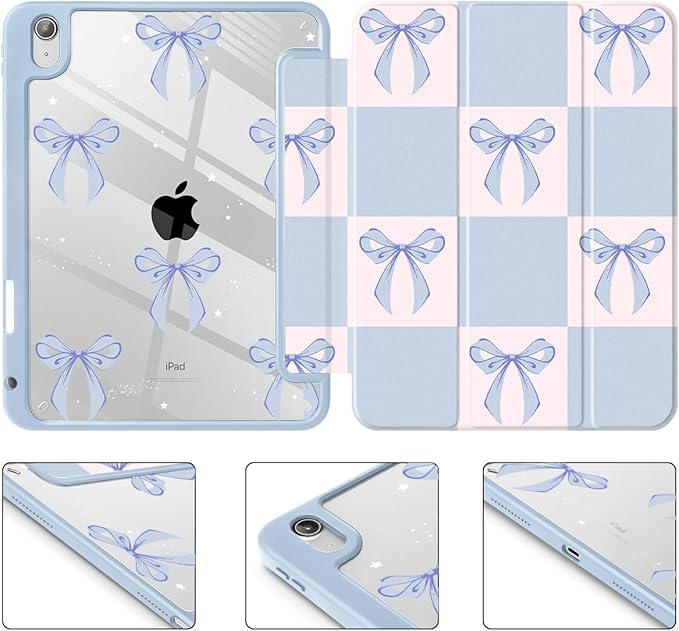 Case for iPad (A16) 11th Generation 11 Inch (2025) iPad 10th Generation 10.9 Inch (2022) Shockproof Cover with Clear Transparent Back Shell &amp Pencil Holder Blue Square Bow