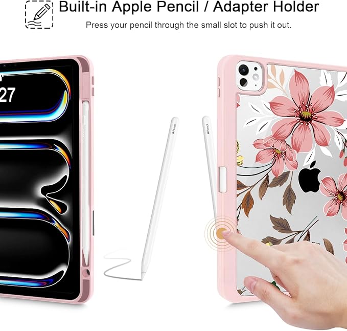 Mektron Case for M5/ M4 iPad Pro 11 inch 2025/2024 with Pencil Holder Compatible Models: A3357/A3358/A3359/A2836/A2837/A3006 Shockproof Cover Clear Shell Floral C293