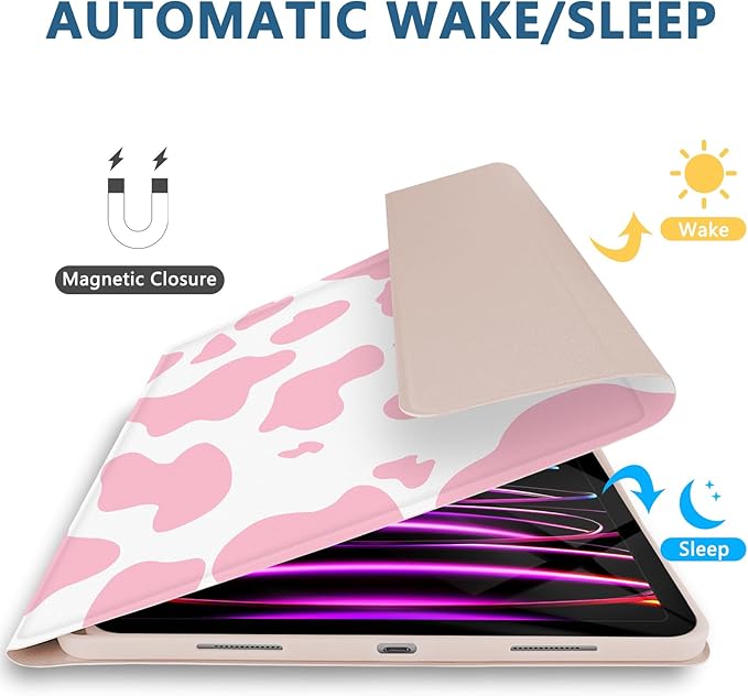 TopPerfekt for iPad Pro 11 4th/3rd/2nd/1st Gen (2022/2021/2020/2018) Keyboard Case Magnetically Absorbent Auto Sleep/Wake Support 2nd Gen Pencil Wireless Charge with Pencil Holder - Pink Cow