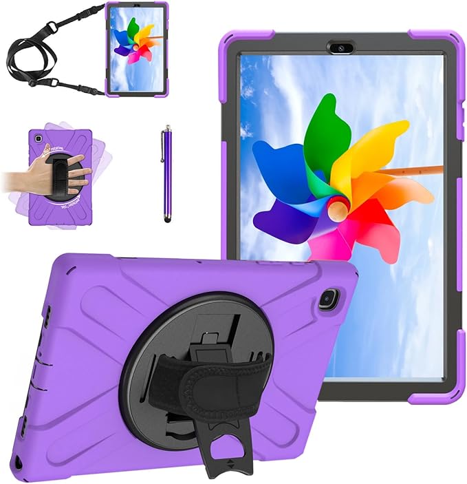 Case for Samsung Galaxy Tab A 10.1 2019 (SM-T510/T515/T517)Portable Heavy Duty Dropproof Protective Cover Case with 360 Rotating StandHandle &amp Shoulder StrapStylus Pen (New Purple)
