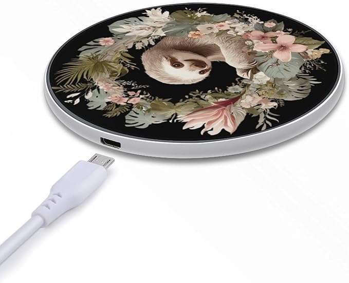 Sloth Botanical Wreath Fast Portable Charger 10W Funny Graphic Phone Charging Pad with USB Cable