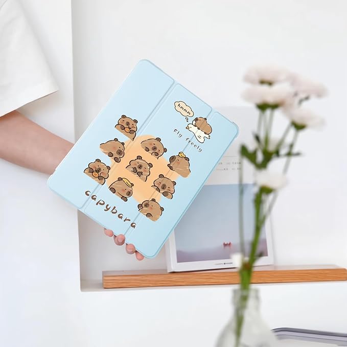 Cute Kawaii Capybara for iPad Air 13 Inch Case M3 2025/M2 2024 with Pencil Holder Auto Sleep/Wake Blue Leather Soft TPU Back Cover