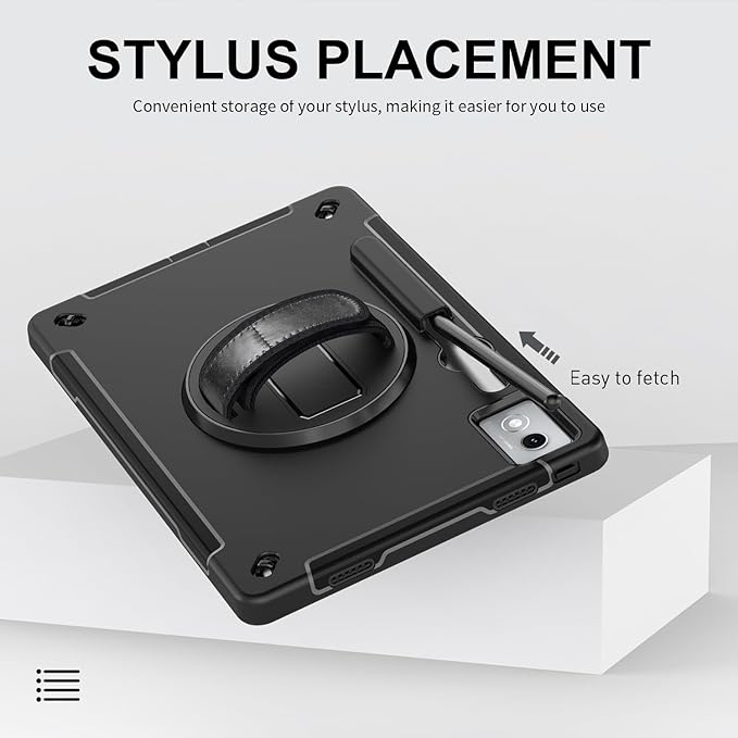 Junfire Protective Case for Lenovo Idea Tab Pro 12.7 inch 2025 Shockproof Idea Tab Pro (TB-373FU/TB-375FC) Case with 360°Rotating Kickstand/Hand Strap/Shoulder Strap/Stylus Holder-Black