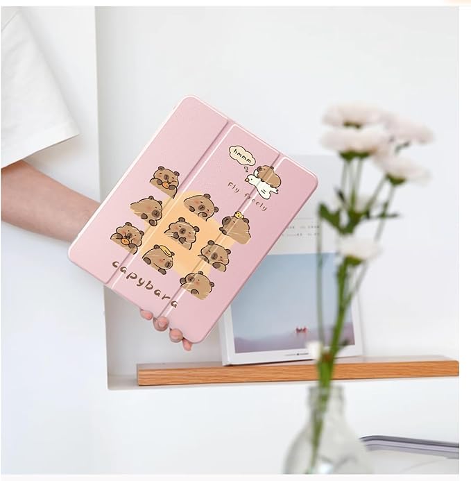 Cute Kawaii Capybara for iPad Pro 13 Inch Case (M5/M4) 2025/2024 with Pencil Holder Auto Sleep/Wake Pink Leather Clear Acrylic Back Cover