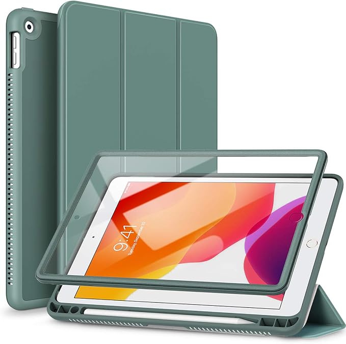 SURITCH for iPad 9th/8th/7th Generation iPad 10.2 Case [Built in Screen Protector] [Pencil Holder] Lightweight Leather Smart Cover and Magnetic Trifold Stand for iPad 2021/2020/2019-Midnight Green