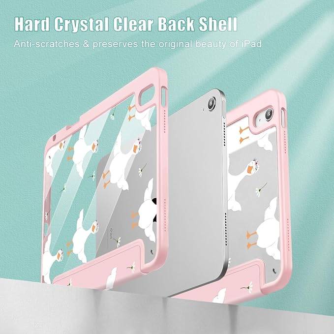 May Chen Case for iPad Air 13 Inch M4 2026 M3 2025 M2 2024 [Built-in Pencil Holder] Shockproof Cover with Clear Transparent Back Shell Auto Sleep/Wake Cover Goose Flower