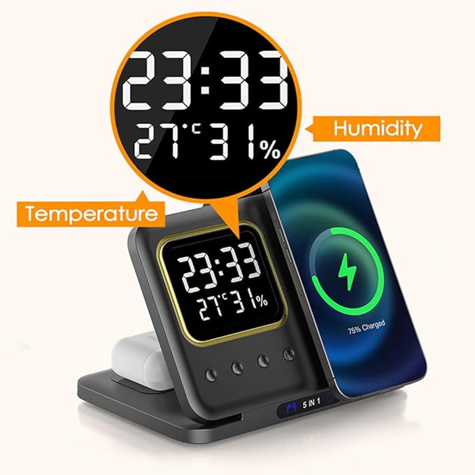 IHAO 5in1 Multi Functional Wireless Charger with Digital Clock 15W Fast Charge Night Light Temperature Display MagSafe Compliant for iPhone iWatch and Qi Headphone-DH13 Black