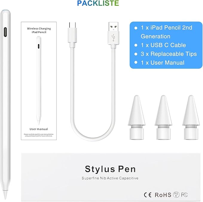 Pencil 2nd Generation for iPad: Magnetic Wireless Charging (Air 4/5 Mini 6 Pro 11/12.9 2018-2023) + USB-C Fast Charge - Stylus Pen for iPad 6-11 Pro 11/12.9 M4 M5 Air 3-5/M2/M3 Mini 5/6
