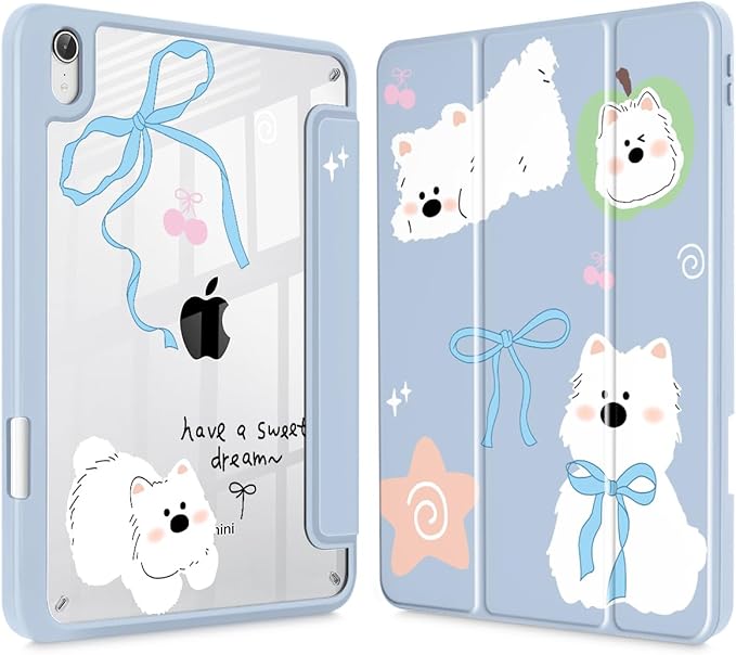 May Chen Hybrid Slim Case for iPad mini 7 (A17 Pro 7th Generation) 2024 / iPad mini 6 (6th Gen) 8.3 Inch [Built-in Pencil Holder] Shockproof Cover Clear Clear Back Shell Auto Wake/Sleep Cute Puppy