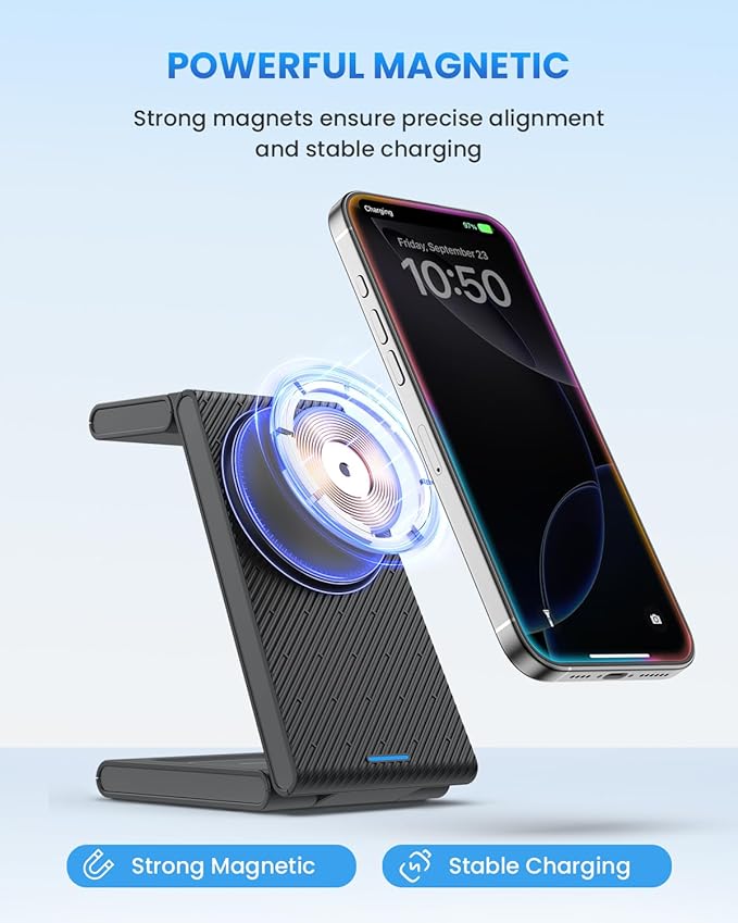 Wireless Charger Magnetic for Apple Devices - JoyGeek 3 in 1 Foldable Charging Station for Magsafe Compatible with iPhone 16 15 14 13 12 Pro Max Plus Apple Watch 10 9 8 7 6 5 4 SE AirPods 4/3/2/Pro