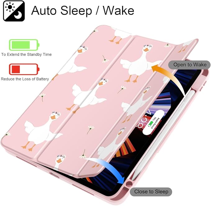 May Chen Case for iPad Pro 11-Inch M5/M4 2025/2024 (6th/5th Generation) [Penceil Holder] Trifold Stand Auto Wake/Sleep Clear TPU Protection Back Cover Goose Flower