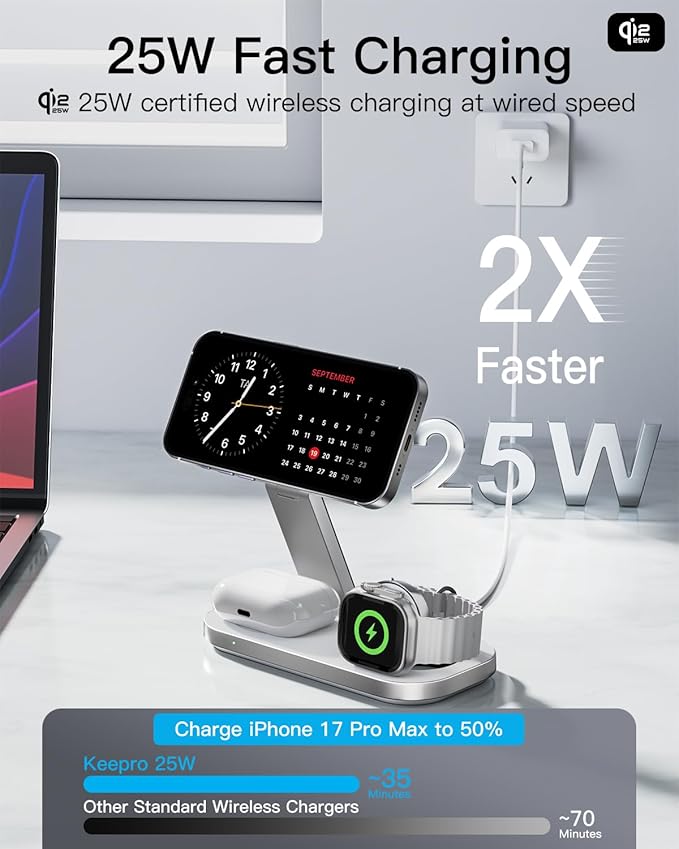 3-in-1 Charging Station for Apple Device Qi2 25W Certified Magnetic Wireless Foldable Fast Charger Stand Compatible with MagSafe for iPhone 17e/17/16/15/14/13/12/Air Series Apple Watch &amp AirPods
