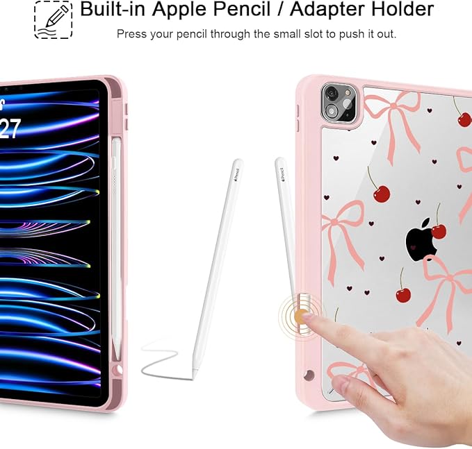 Mektron Case for iPad Pro 11 inch (4th 3rd 2nd &amp 1st Gen) 2022 2021 2020 2018 Buit in Pencil Holder with Shockproof Cover Clear Shell + Auto Wake/Sleep Pink Bows-Hearts