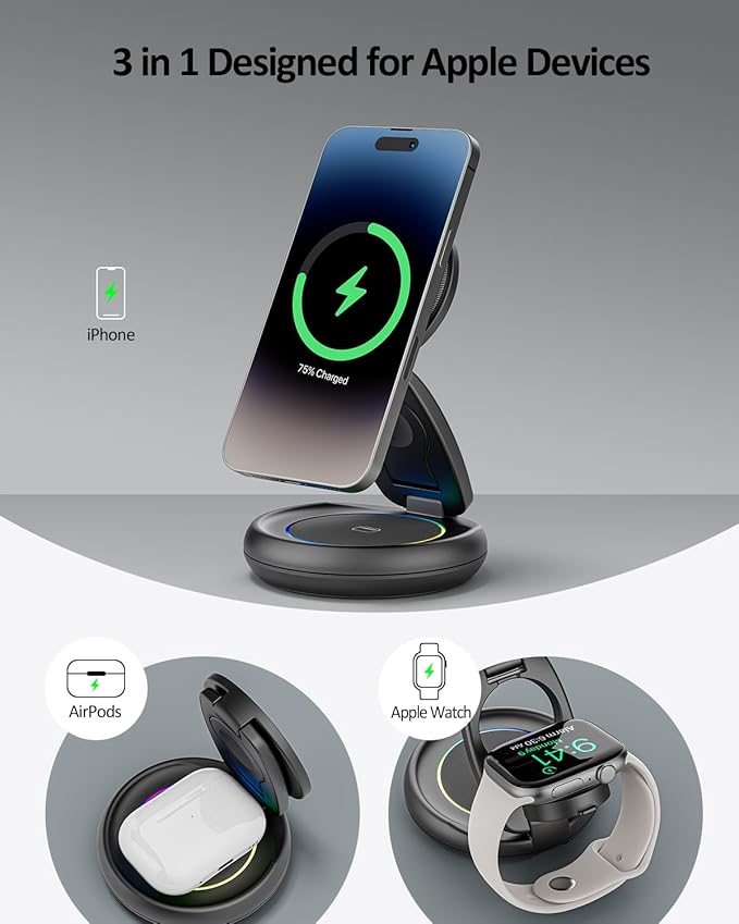 Wireless Cell Phone Charger Station 3 in 1 Magnetic Wireless Fast Charger Dock Stand for iPhone 16/15/14/13/12 Apple Watch and AirPods Pro 15W USB-C iPhone Wireless Charger Gray（20W Adapter）