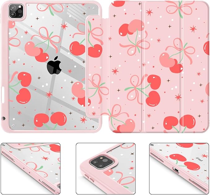 May Chen for iPad Pro 11 inch M2 4th Generation 2022 iPad Pro 11 3rd/2nd/1st Gen Built-in Pencil Holder with Shockproof Cover Clear Transparent Back Shell Auto Wake/Sleep Coquette Cherry