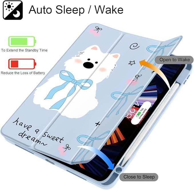 May Chen Case for iPad Pro 11-Inch M5/M4 2025/2024 (6th/5th Generation) Clear Transparent Print Back Shell Slim Stand Shockproof Tablet Cover Auto Wake/Sleep Blue Bows Dog