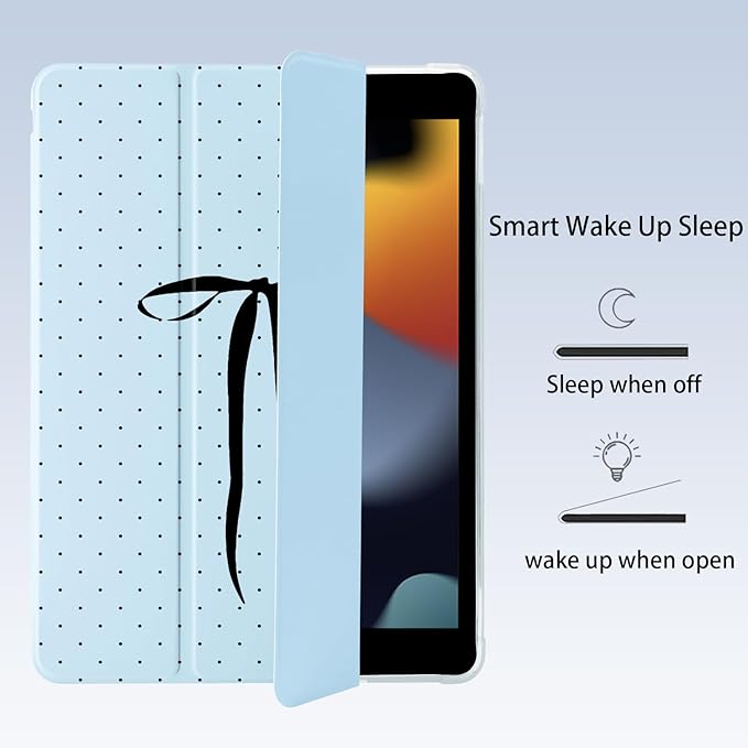 Cute Polka Dot Ribbon Bow for iPad Pro 12.9 Inch Case 5th/6th Generation 2022/2021/2020 with Pencil Holder Auto Sleep/Wake Blue Leather Soft TPU Back Cover