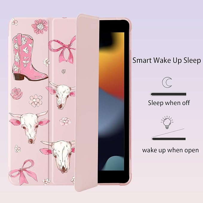 Cute Western Cowgirl Bow for iPad mini 7 A17 Pro 2024/iPad Mini 6 Case with Pencil Holder Auto Sleep/Wake Pink Leather Soft TPU Back Cover