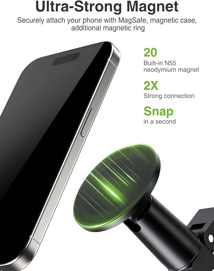 elitehood Magnetic Phone Clamp Mount Adjustable Phone Holder for Mic Stand/Music Stand/Golf Cart/Treadmill/Stroller/Shopping Cart/Stationary Bike iPhone Clamp Mount for Magsafe iPhone 16 15 14