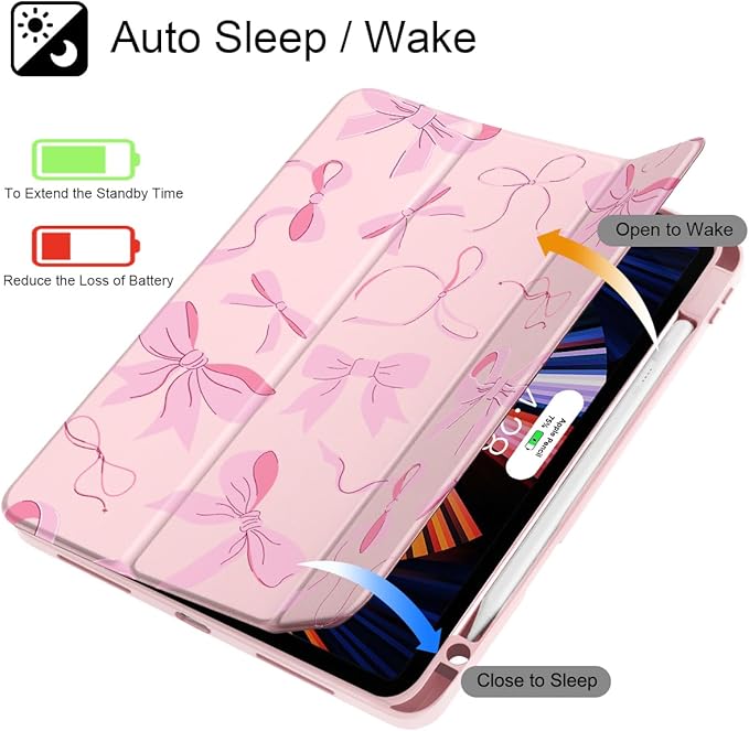 May Chen for iPad Pro 11 inch M2 4th Generation 2022 iPad Pro 11 3rd/2nd/1st Gen Case with Transparent Shockproof Back Cover [Built-in Pencil Holder Auto Sleep/Wake Pink Bows P631