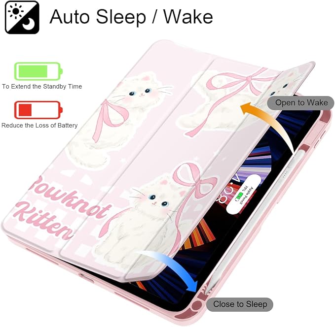 May Chen for iPad Air 11-inch M4/M3/M2 (2026/2025/2024) iPad Air 5th/4th 10.9 Inch - Shockproof Cover with Clear Back Shell &amp Penceil Holder Auto Wake/Sleep Stand Cover Bowknot Kitten