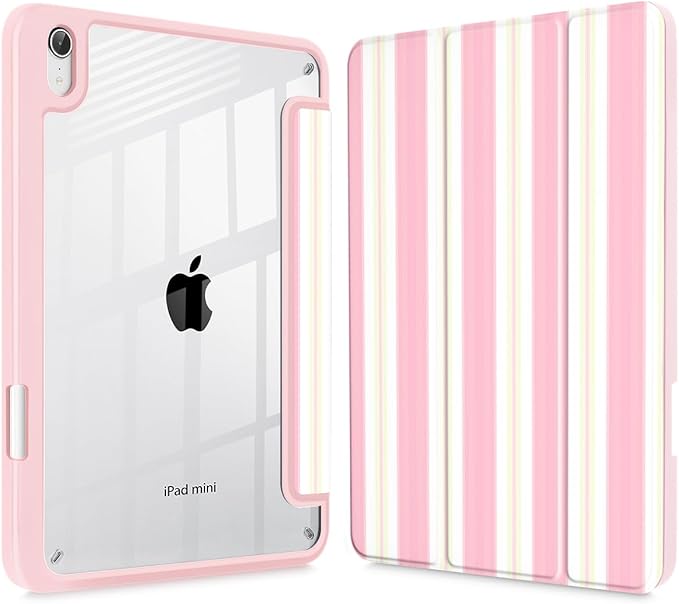Mektron Printed Case for iPad mini 7 (A17 Pro) 2024/ Mini 6 2021 iPad mini 7th/6th Generation 8.3-inch Liquid Retina Display Cover Buit in Pencil Holder with Clear Back Shell Pink Striped