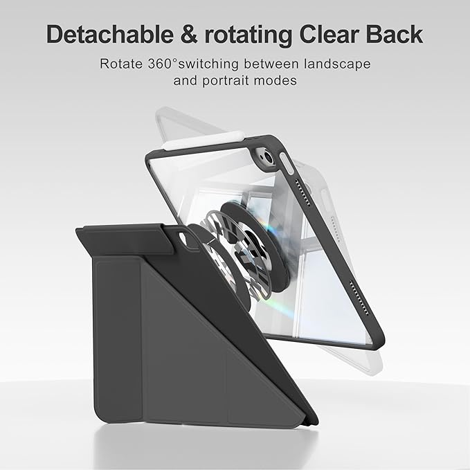 Y-Shaped Detachable Case for iPad (A16) 11th/10th Generation (2025/2022) Clear 360°Rotating Magnetic Back Multi-Stand &amp Shockproof Hybrid Cover for iPad 11/10 Auto Wake/Sleep Black