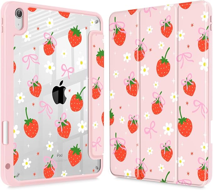 May Chen for iPad (A16) 11th Generation Case 11 Inch 2025 iPad 10th Gen Case 2022 10.9 inch Built-in Pencil Holder with Shockproof Cover Clear Back Shell Auto Wake/Sleep Strawberries &amp Bows