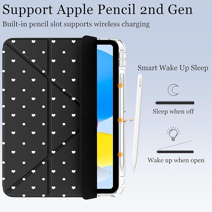 Cute White Polka Dot Heart for iPad Pro 11 Inch Case (M5/M4) 2025/2024 with Pencil Holder Auto Sleep/Wake Black Leather Acrylic Back Detachable Cover