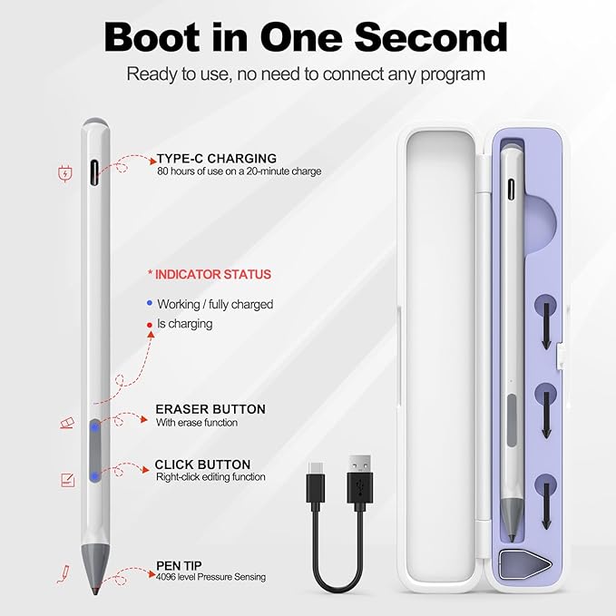 Stylus for ASUS Zenbook Flip/Pro/ASUS Vivobook Flip/Pro/Duo/Notebook MPP 2.0 Tilt-Active Pen with 4096 Levels of Pressure Sensitivity Convenient Storage Case Supports Type-C Fast Charging (Silver)