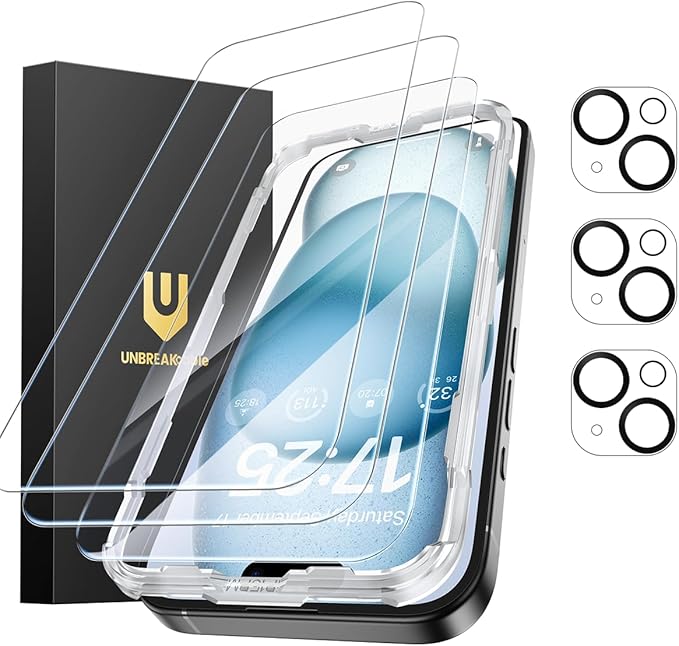 UNBREAKcable iPhone 15 Screen Protector 3-Pack 3 Tempered Glass + 3 Camera Lens Protectors 9H Hardness HD Clarity Anti-Fingerprint Case Friendly 6.1 Inch