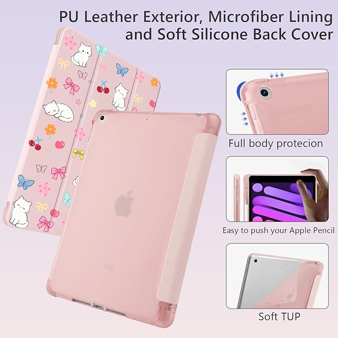 Cute Kawaii Kitten Bow Star for iPad (A16) 11th Generation Case 11 Inch 2025 for iPad 10th Gen Case 10.9 Inch 2022 with Pencil Holder Auto Sleep/Wake Pink Leather Soft TPU Back Cover