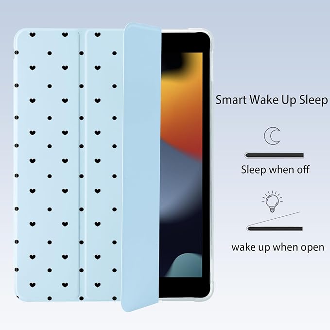 Cute Polka Dot Heart for iPad mini 7 A17 Pro 2024/iPad Mini 6 Case with Pencil Holder Auto Sleep/Wake Blue Leather Soft TPU Back Cover