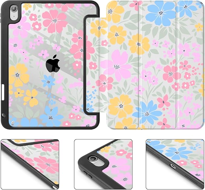 May Chen Case for iPad Air 13 Inch M4 2026 M3 2025 M2 2024 [Built-in Pencil Holder] Shockproof Cover with Clear Transparent Back Shell Auto Sleep/Wake Cover Wild Flowers