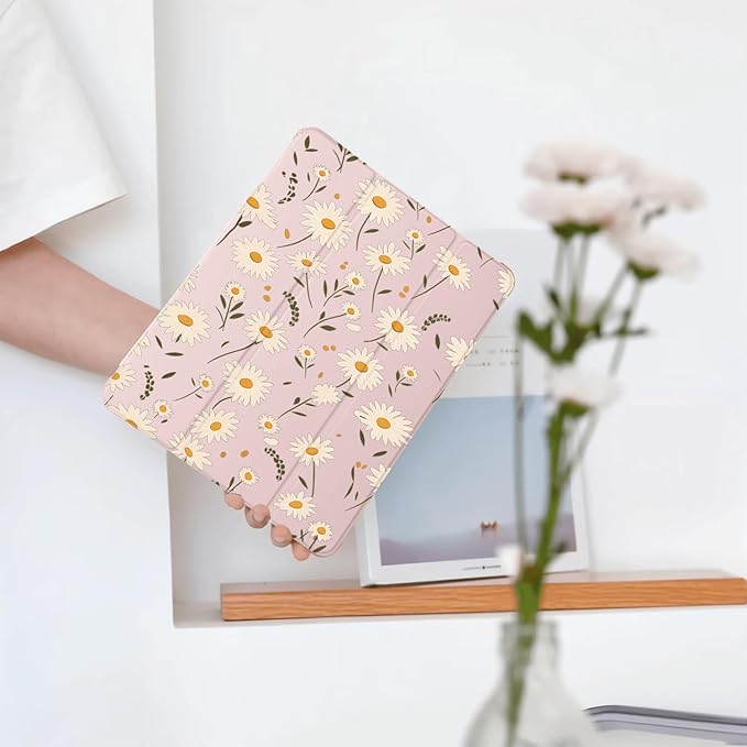 Cute Daisy Flower for iPad mini 7 A17 Pro 2024/iPad Mini 6 Case with Pencil Holder Auto Sleep/Wake Pink Leather Soft TPU Back Cover