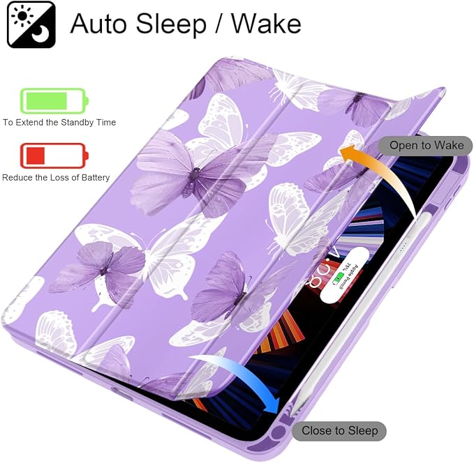 May Chen Case for iPad Air 13 Inch M4 2026 M3 2025 M2 2024 [Built-in Pencil Holder] Shockproof Cover with Clear Transparent Back Shell Auto Sleep/Wake Cover Butterfly
