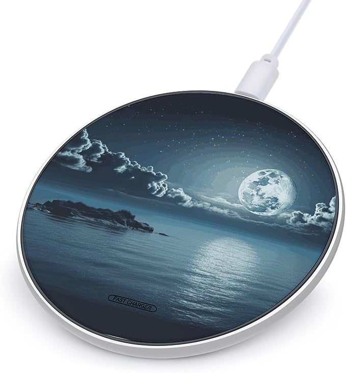 Moon Ocean Landscape Wireless Charger Fast Wireless Charging Pad with USB Cable 10W Anti-Slip Magnetic Wireless Charger Portable Slim Charger Puck Travel Charging Station