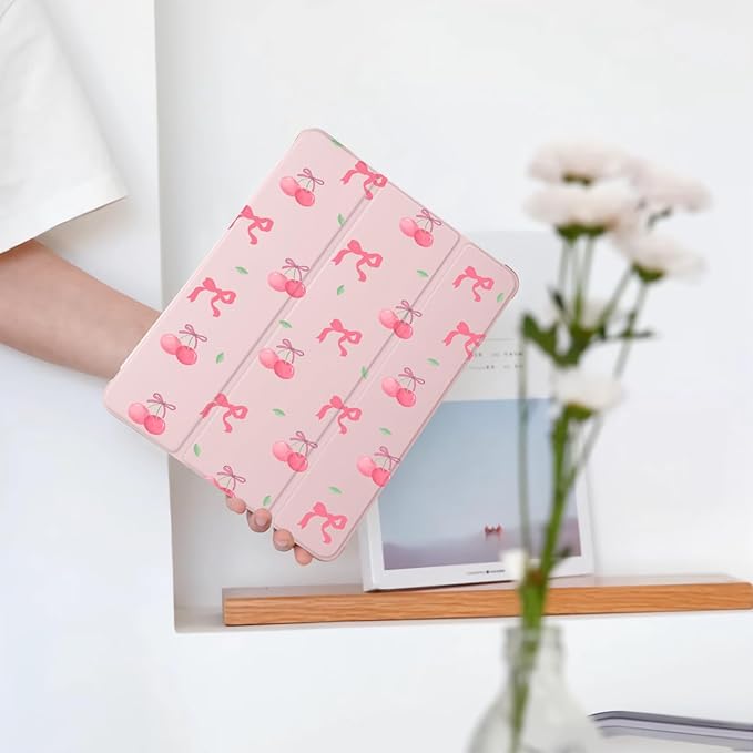 Cute Kawaii Bow Cherry for iPad Air 13 Inch Case M3 2025/M2 2024 with Pencil Holder Auto Sleep/Wake Pink Leather Soft TPU Back Cover